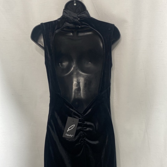 Capuffy  Velvet Maxi Dress Sexy Split Ruched Bodycon Dress Velvet Open Back Sz S - Picture 9 of 15